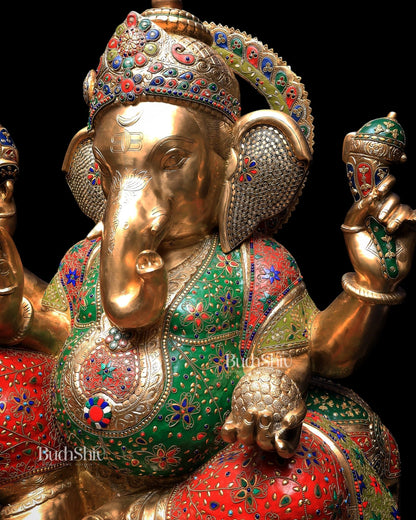 Pure Brass Ganesha Statue with Meenakari Stonework 33 inch - Budhshiv.com