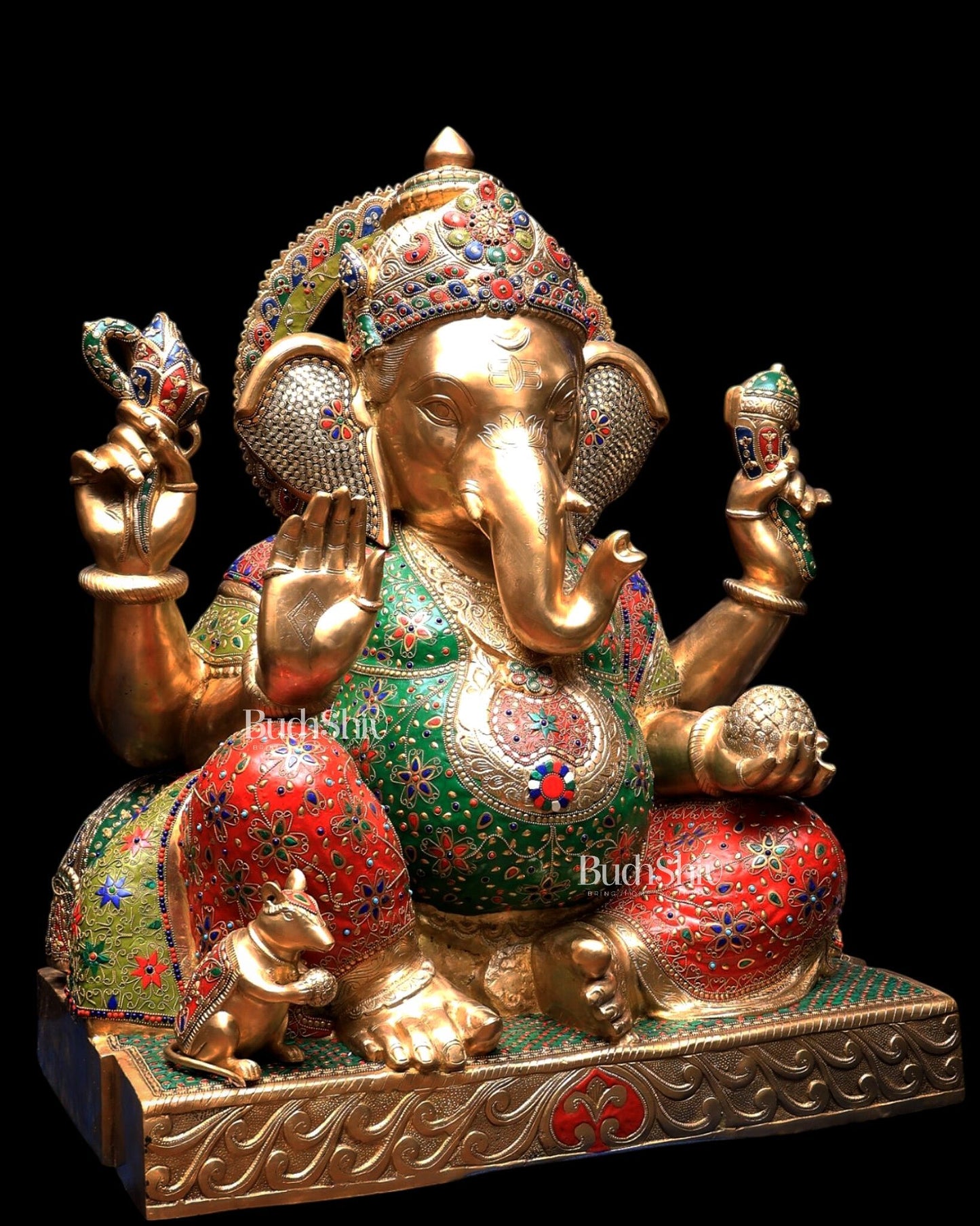 Pure Brass Ganesha Statue with Meenakari Stonework 33 inch - Budhshiv.com