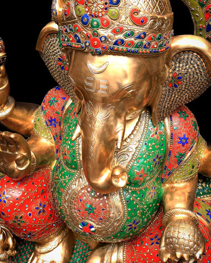 Pure Brass Ganesha Statue with Meenakari Stonework 33 inch - Budhshiv.com
