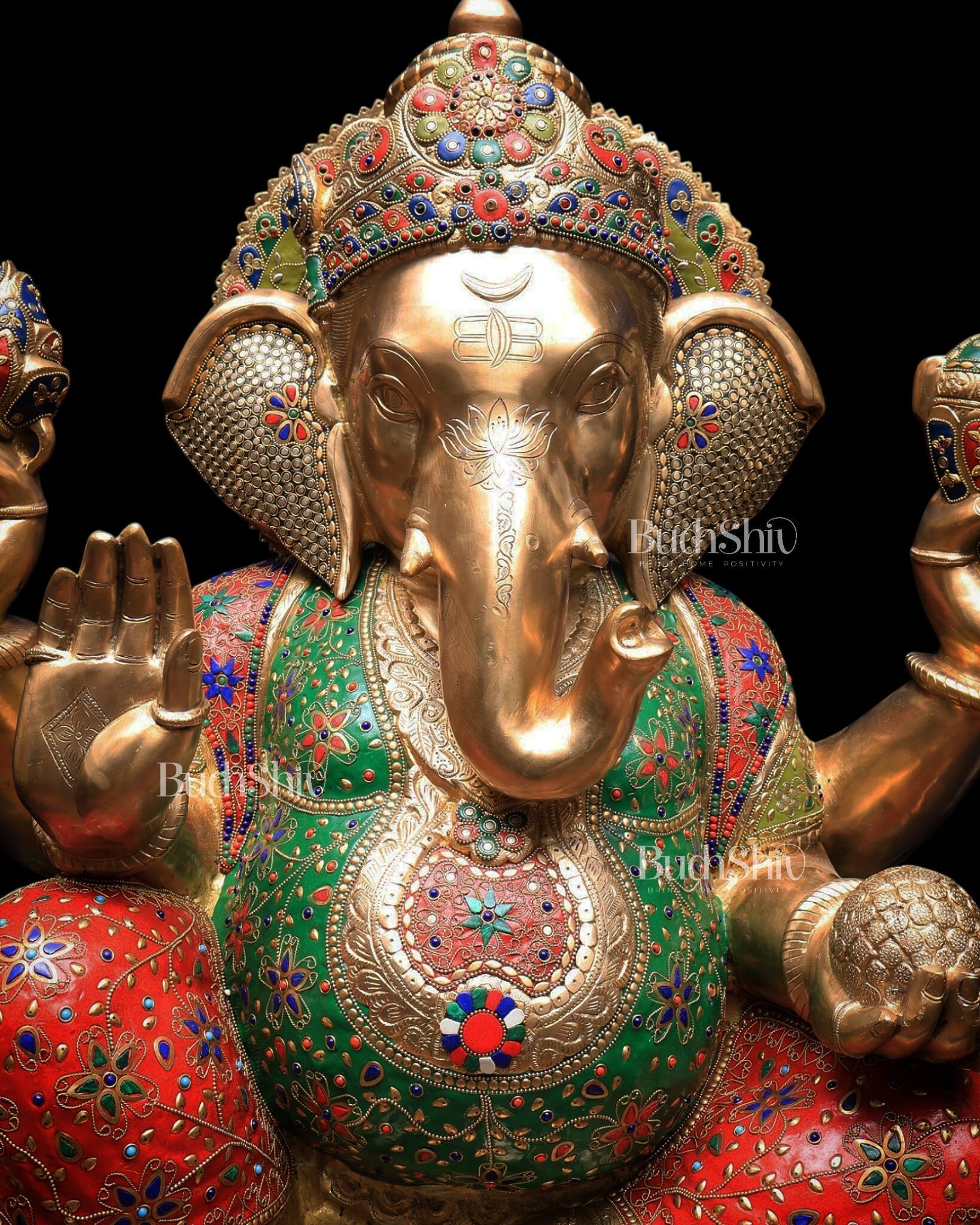 Pure Brass Ganesha Statue with Meenakari Stonework 33 inch - Budhshiv.com