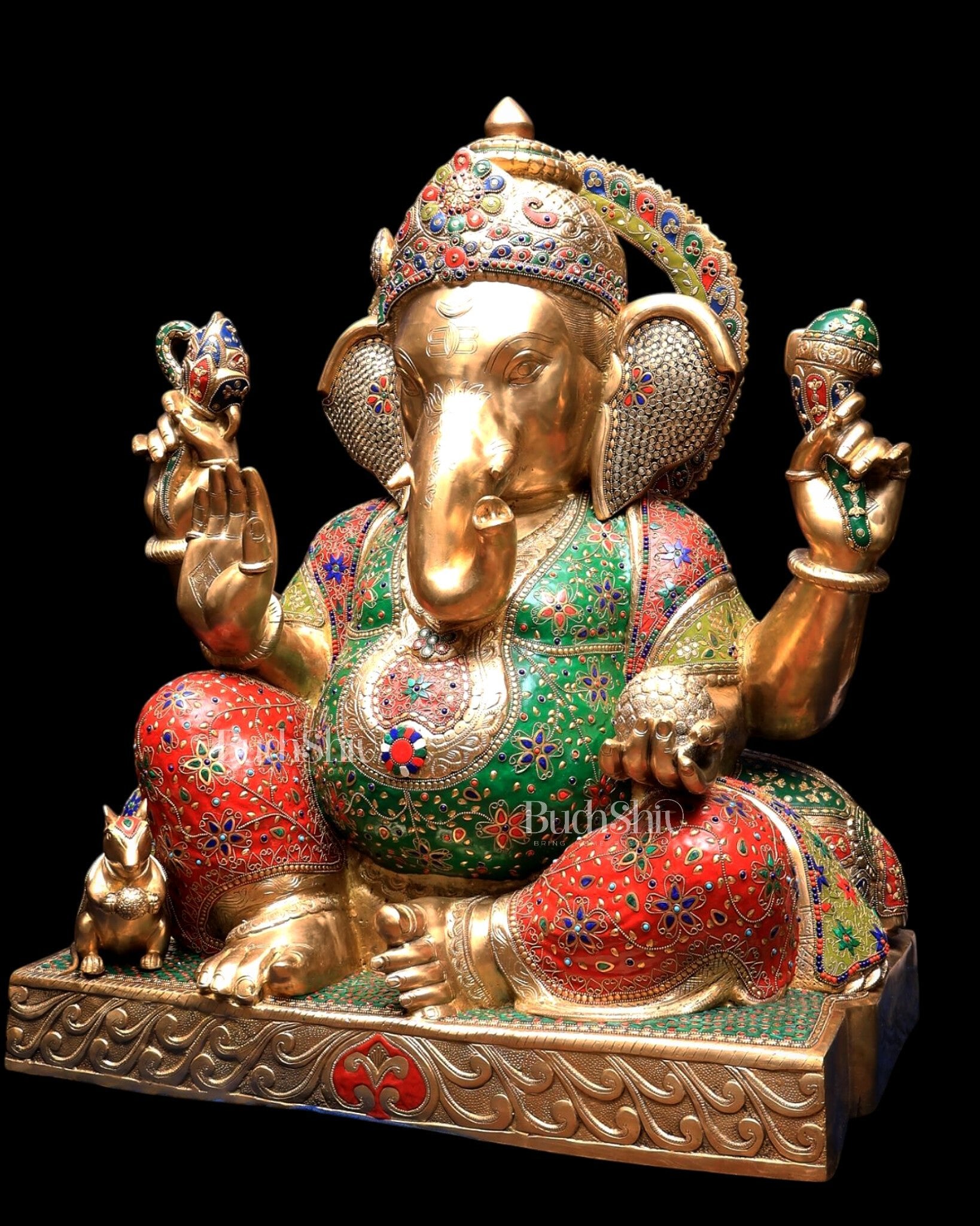 Pure Brass Ganesha Statue with Meenakari Stonework 33 inch - Budhshiv.com