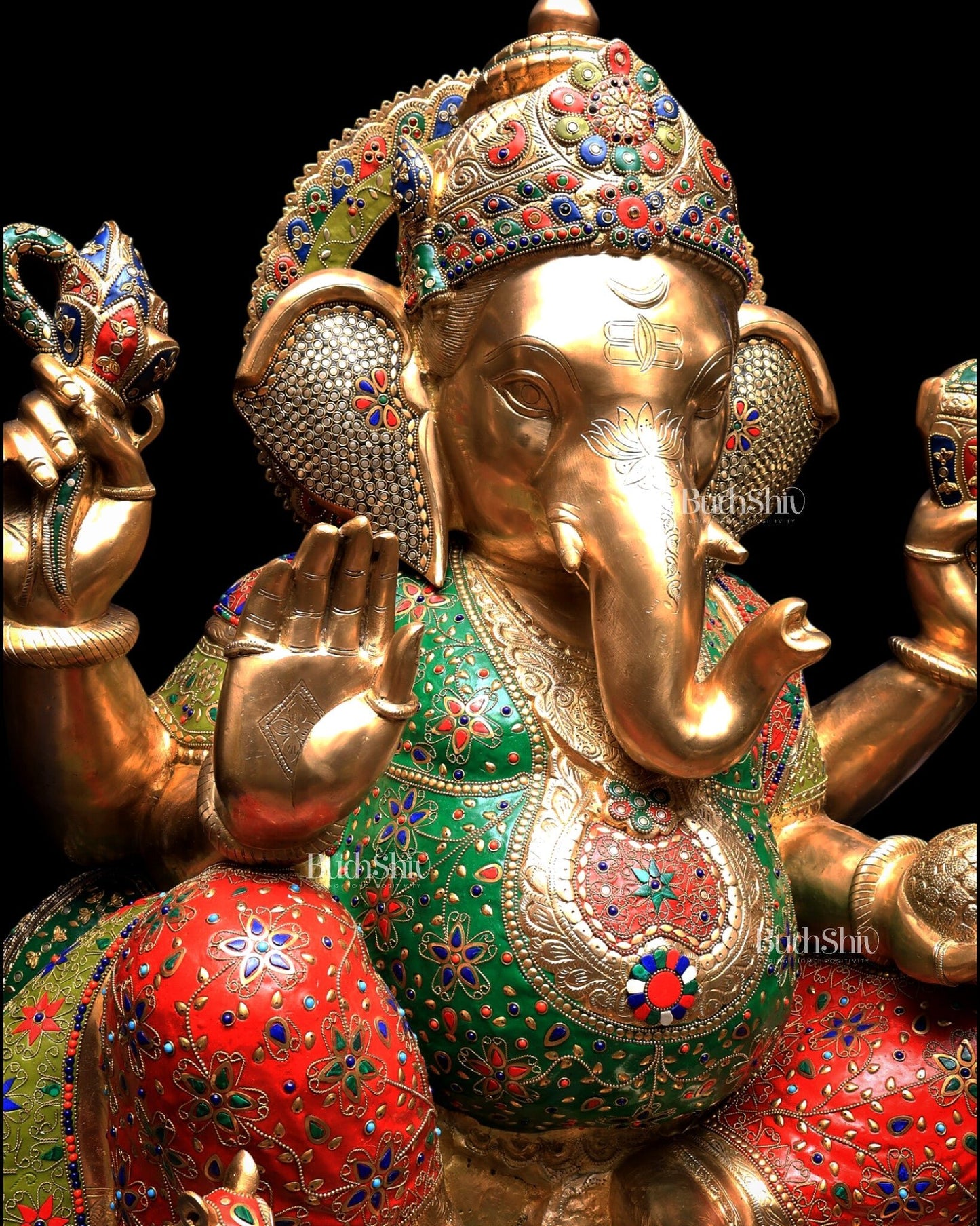 Pure Brass Ganesha Statue with Meenakari Stonework 33 inch - Budhshiv.com