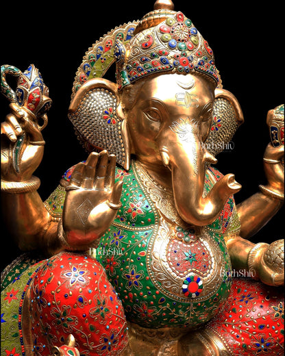 Pure Brass Ganesha Statue with Meenakari Stonework 33 inch - Budhshiv.com
