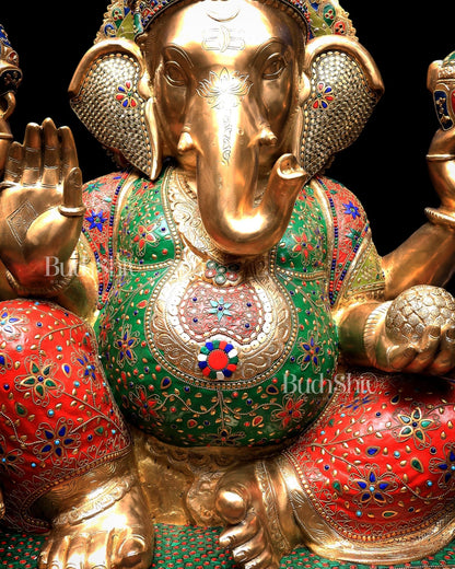 Pure Brass Ganesha Statue with Meenakari Stonework 33 inch - Budhshiv.com