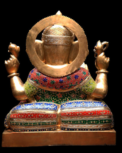 Pure Brass Ganesha Statue with Meenakari Stonework 33 inch - Budhshiv.com