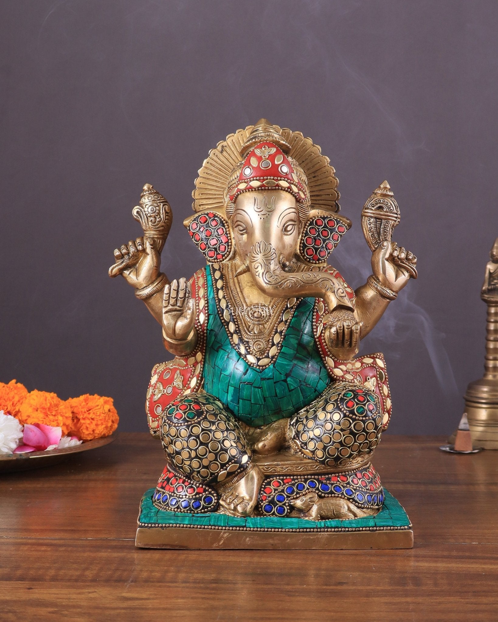 Pure Brass Ganesha Statue with Meenakari Work 10" - Budhshiv.com
