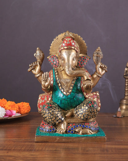 Pure Brass Ganesha Statue with Meenakari Work 10" - Budhshiv.com