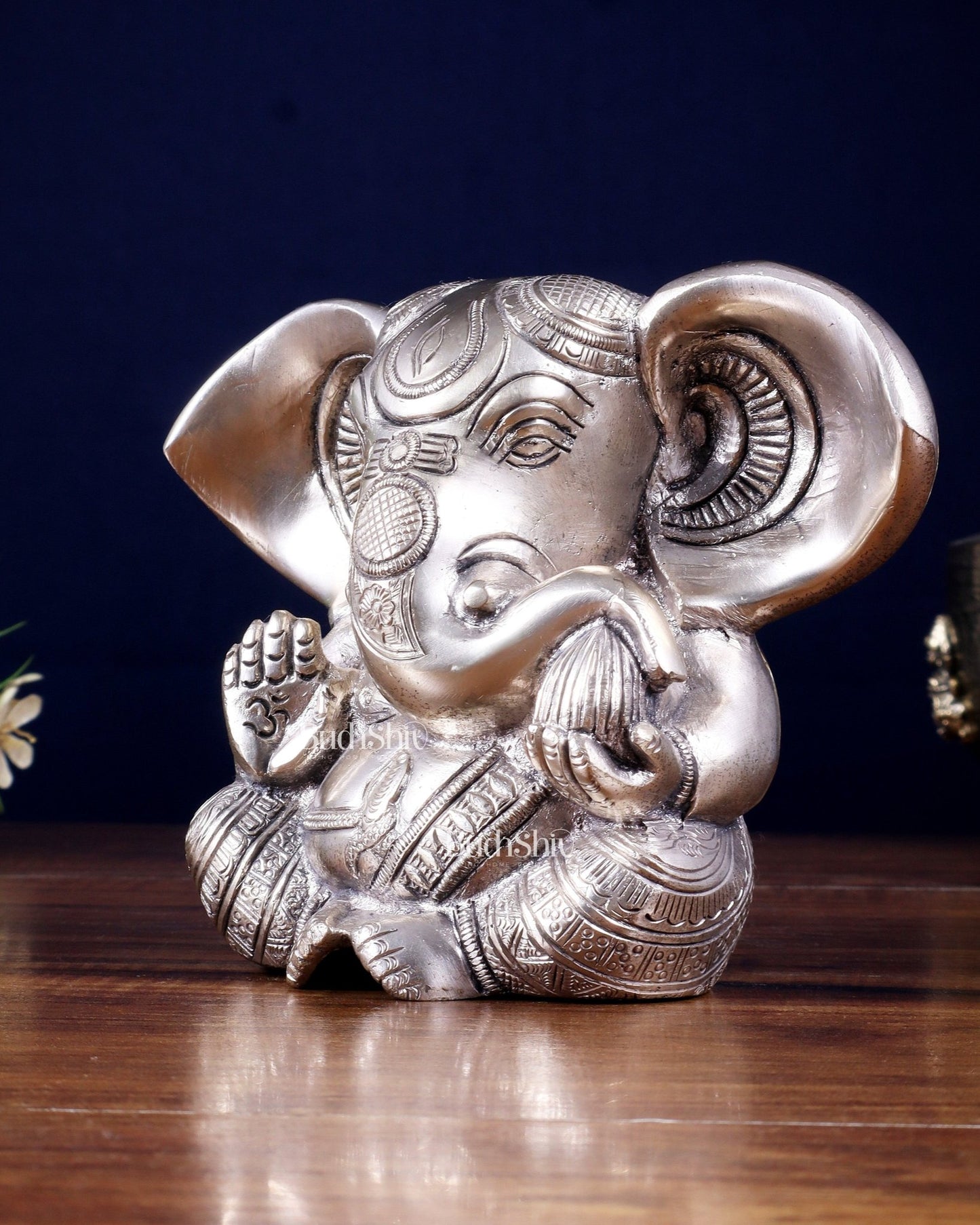 Pure Brass Ganesha Superfine Statue Big ears 6" silver plated - Budhshiv.com