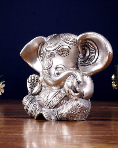 Pure Brass Ganesha Superfine Statue Big ears 6" silver plated - Budhshiv.com