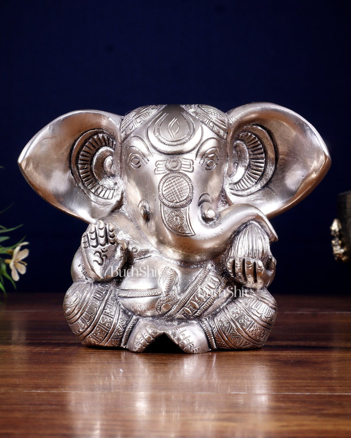 Pure Brass Ganesha Superfine Statue Big ears 6" silver plated - Budhshiv.com