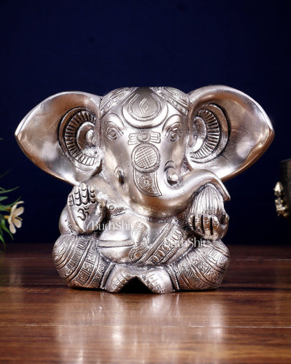 Pure Brass Ganesha Superfine Statue Big ears 6" silver plated - Budhshiv.com