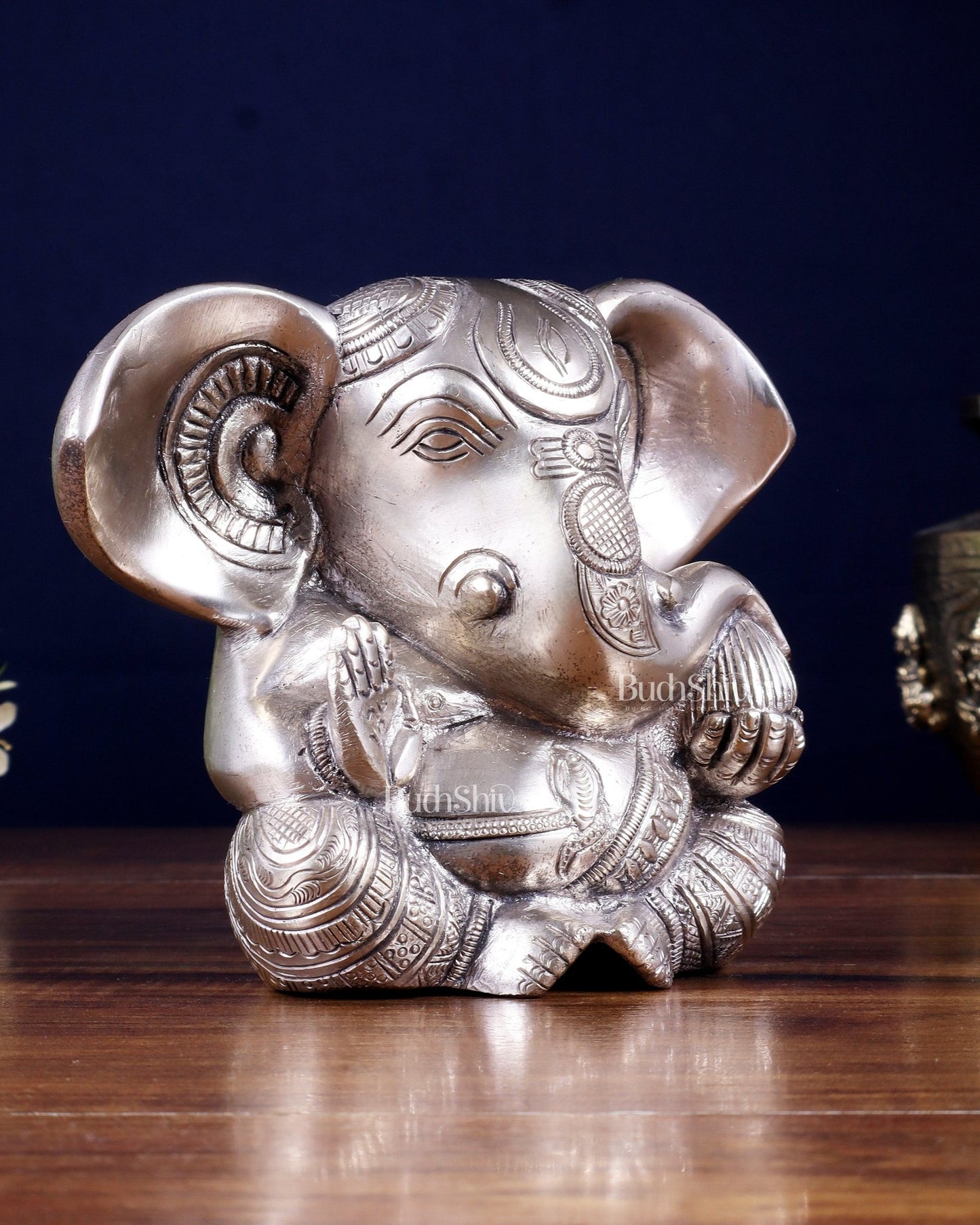Pure Brass Ganesha Superfine Statue Big ears 6" silver plated - Budhshiv.com
