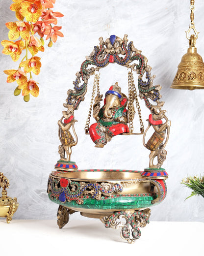 Pure Brass Ganesha with left side trunk on Swing Urli - 21 inch - Budhshiv.com