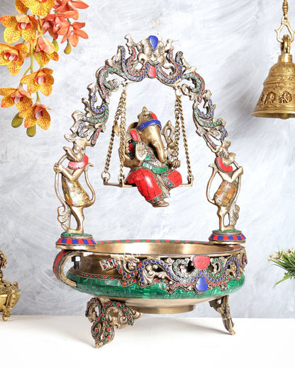 Pure Brass Ganesha with left side trunk on Swing Urli - 21 inch - Budhshiv.com