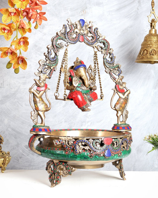 Pure Brass Ganesha with left side trunk on Swing Urli - 21 inch - Budhshiv.com