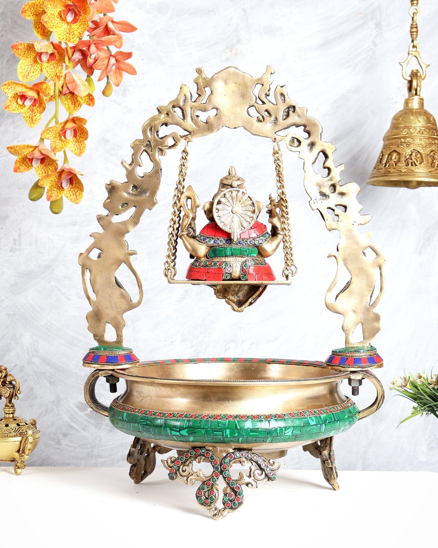 Pure Brass Ganesha with left side trunk on Swing Urli - 21 inch - Budhshiv.com