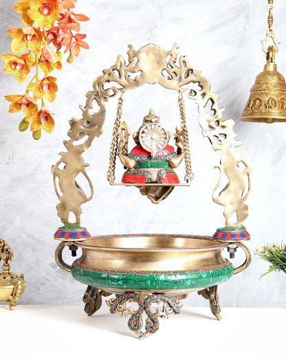 Pure Brass Ganesha with left side trunk on Swing Urli - 21 inch - Budhshiv.com