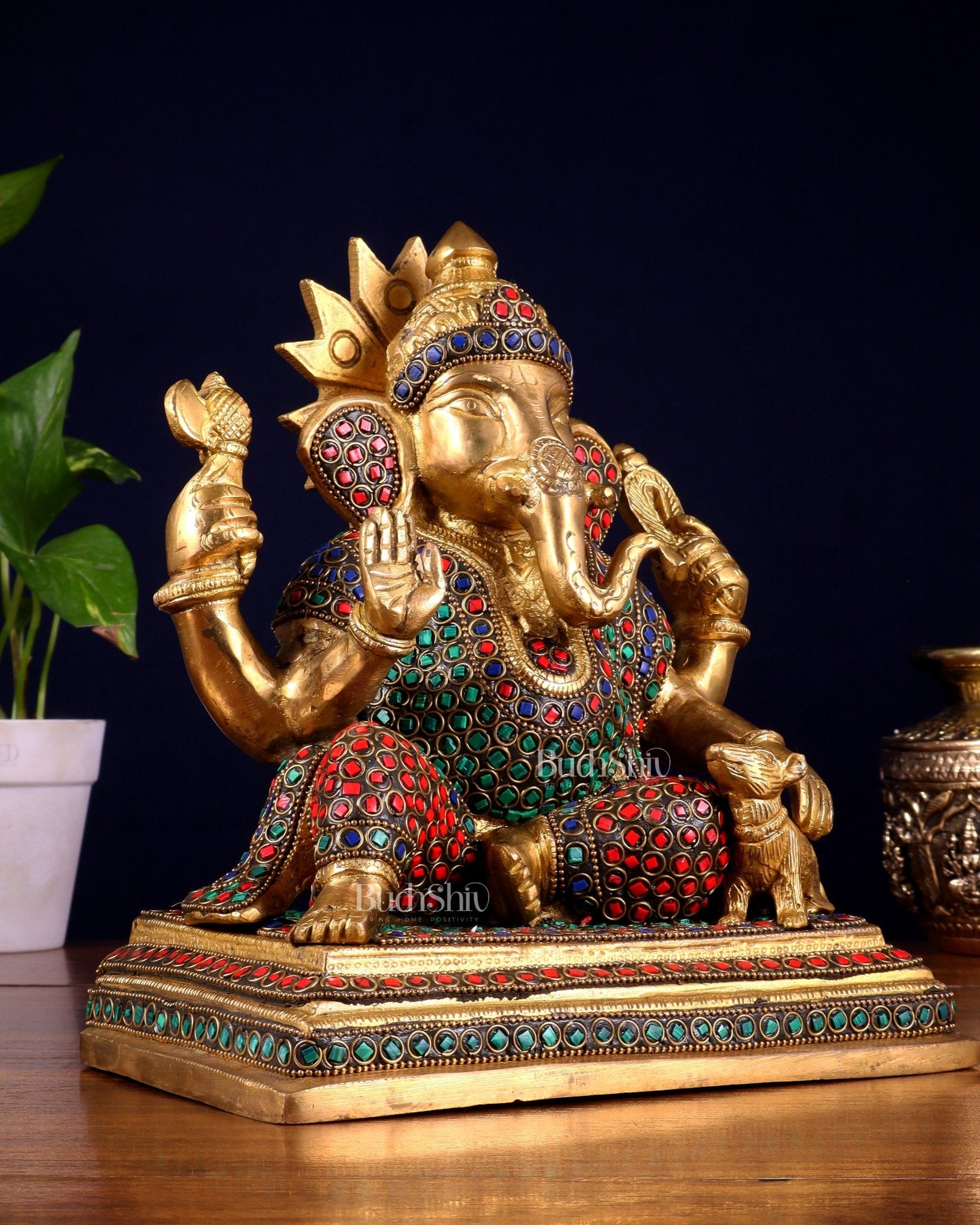 Pure Brass Ganesha with Mooshak Statue – Stonework Finish (9 Inch, 4.8 Kg) - Budhshiv.com