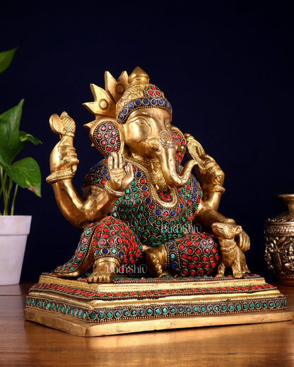 Pure Brass Ganesha with Mooshak Statue – Stonework Finish (9 Inch, 4.8 Kg) - Budhshiv.com