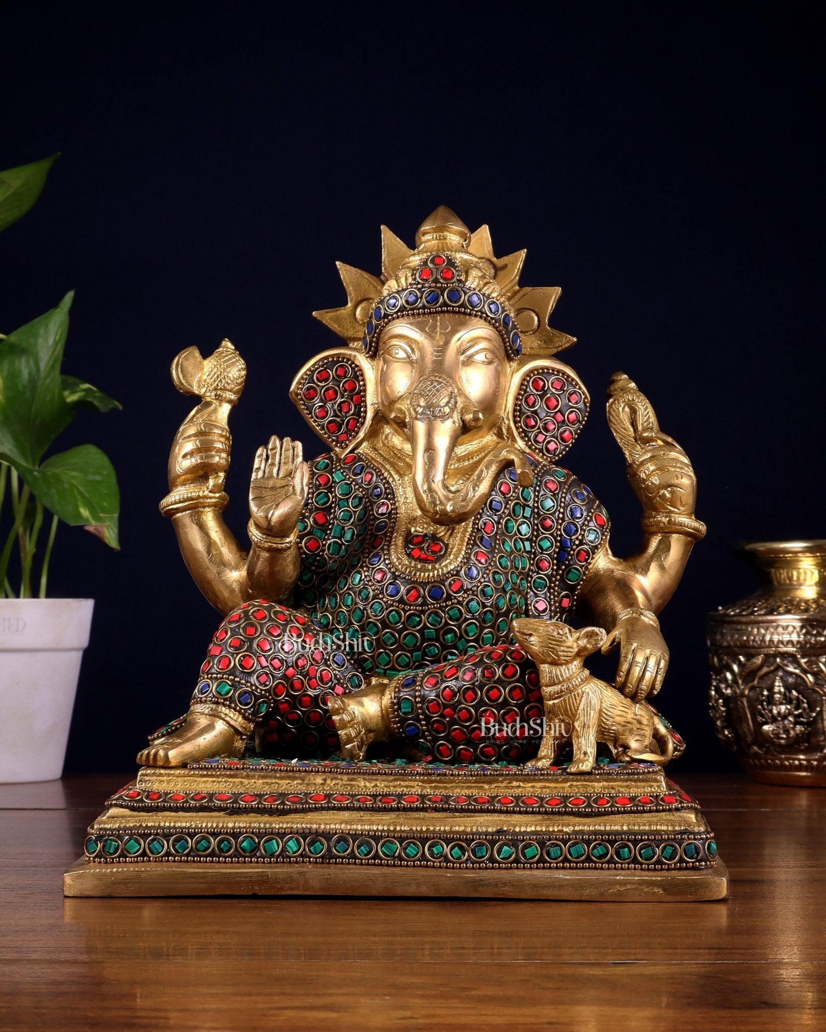 Pure Brass Ganesha with Mooshak Statue – Stonework Finish (9 Inch, 4.8 Kg) - Budhshiv.com