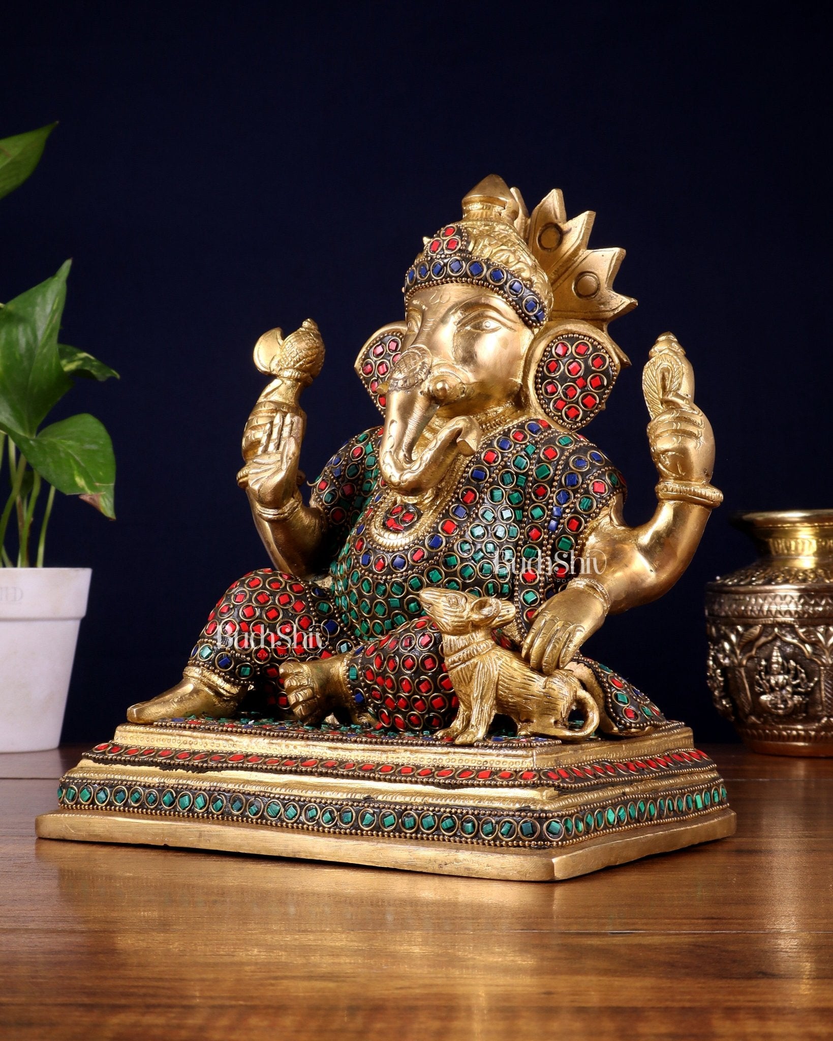 Pure Brass Ganesha with Mooshak Statue – Stonework Finish (9 Inch, 4.8 Kg) - Budhshiv.com