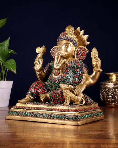 Pure Brass Ganesha with Mooshak Statue – Stonework Finish (9 Inch, 4.8 Kg) - Budhshiv.com