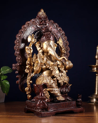 Pure Brass Ganesha with Prabhavali Statue – Dual Tone Finish 18 inch - Budhshiv.com