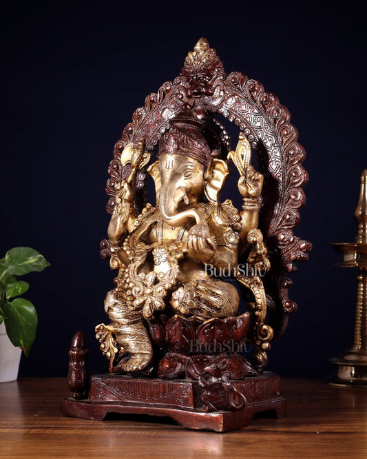 Pure Brass Ganesha with Prabhavali Statue – Dual Tone Finish 18 inch - Budhshiv.com
