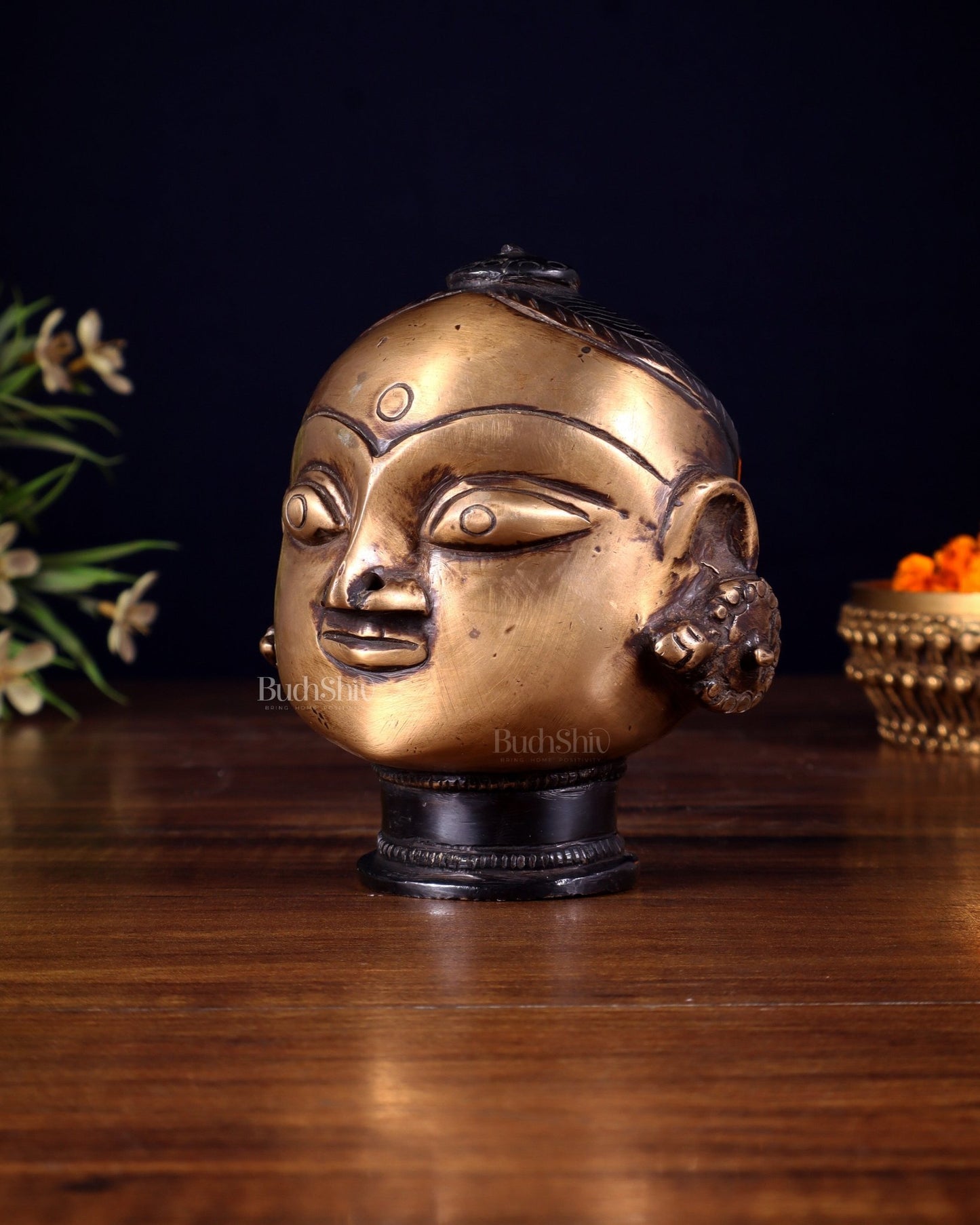 Pure Brass Gauri Face – Vintage Finish, 4.5" - Budhshiv.com