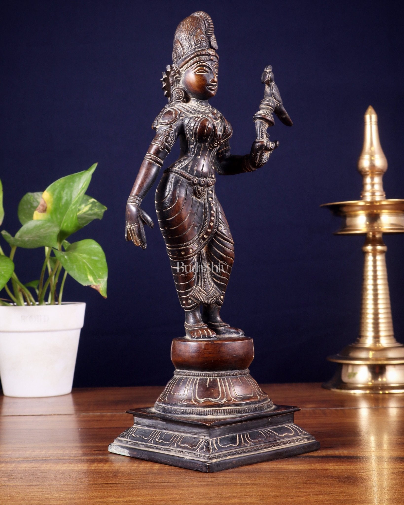 Pure Brass Goda devi Andal with Parrot Idol 12" - Budhshiv.com