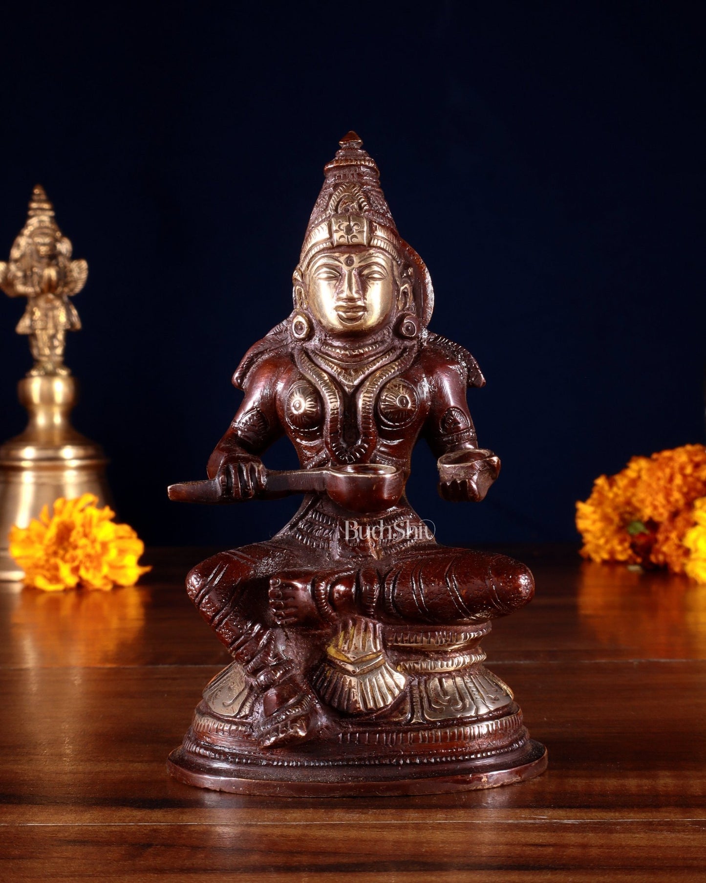 Pure Brass Goddess Annapurna Devi Idol – dual Tone 5" - Budhshiv.com