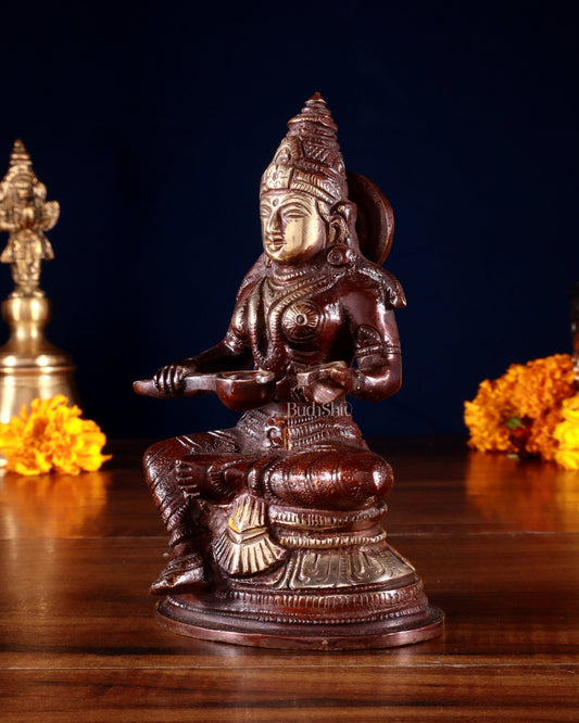 Pure Brass Goddess Annapurna Devi Idol – dual Tone 5" - Budhshiv.com
