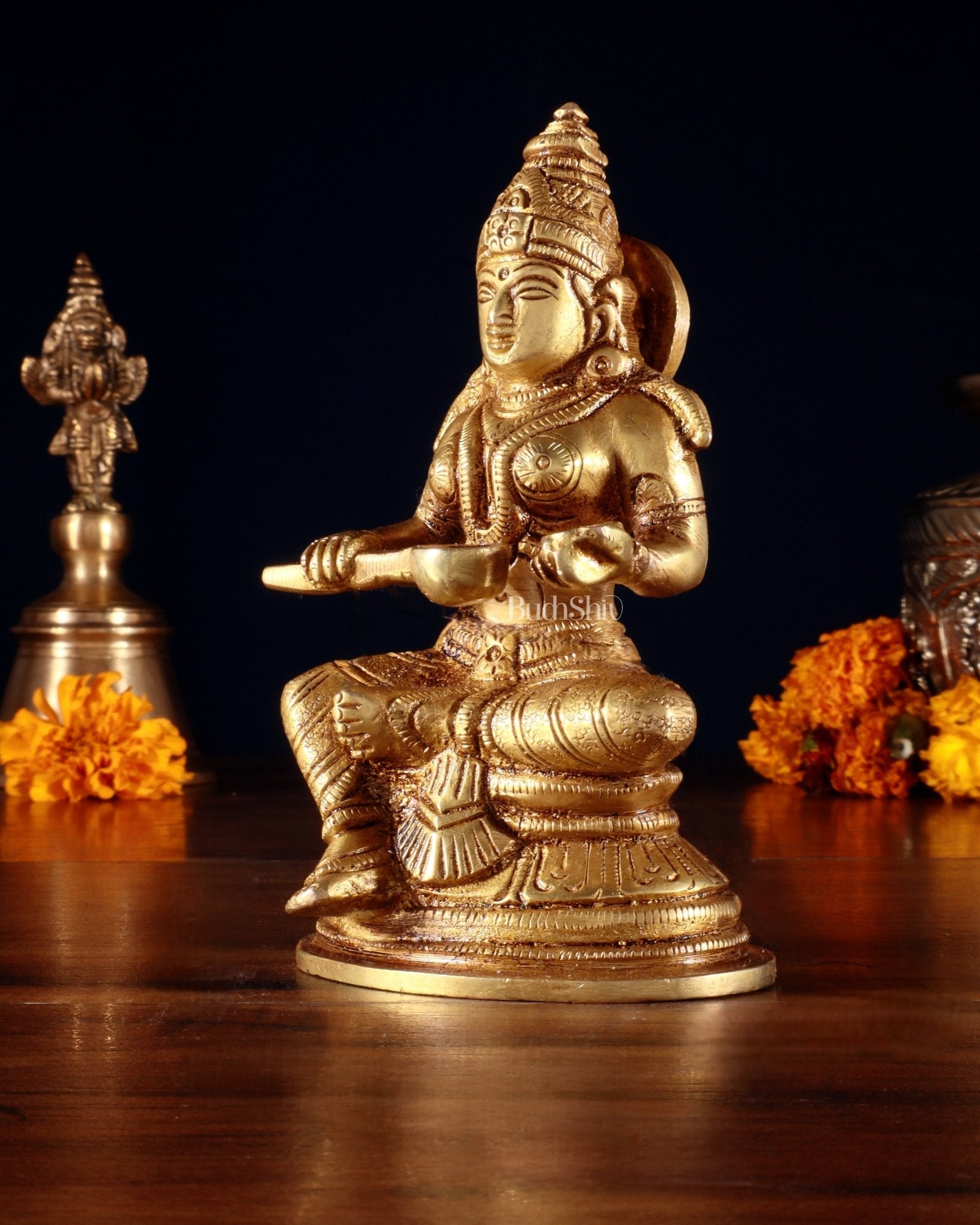 Pure Brass Goddess Annapurna Devi Idol – Golden Tone 5" - Budhshiv.com