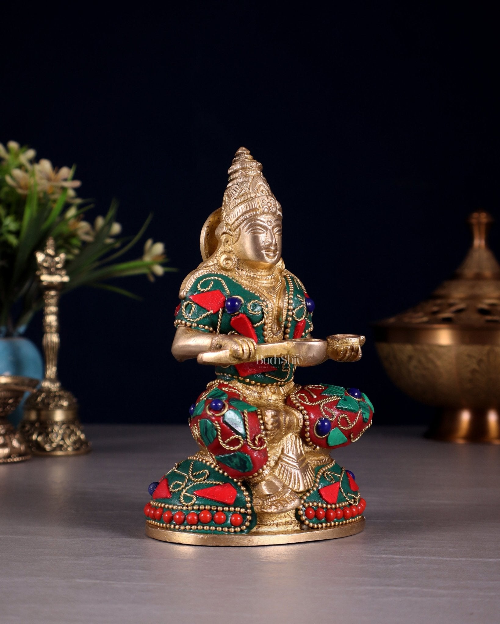 Pure Brass Goddess Annapurna Devi Idol – Stonework 5" - Budhshiv.com