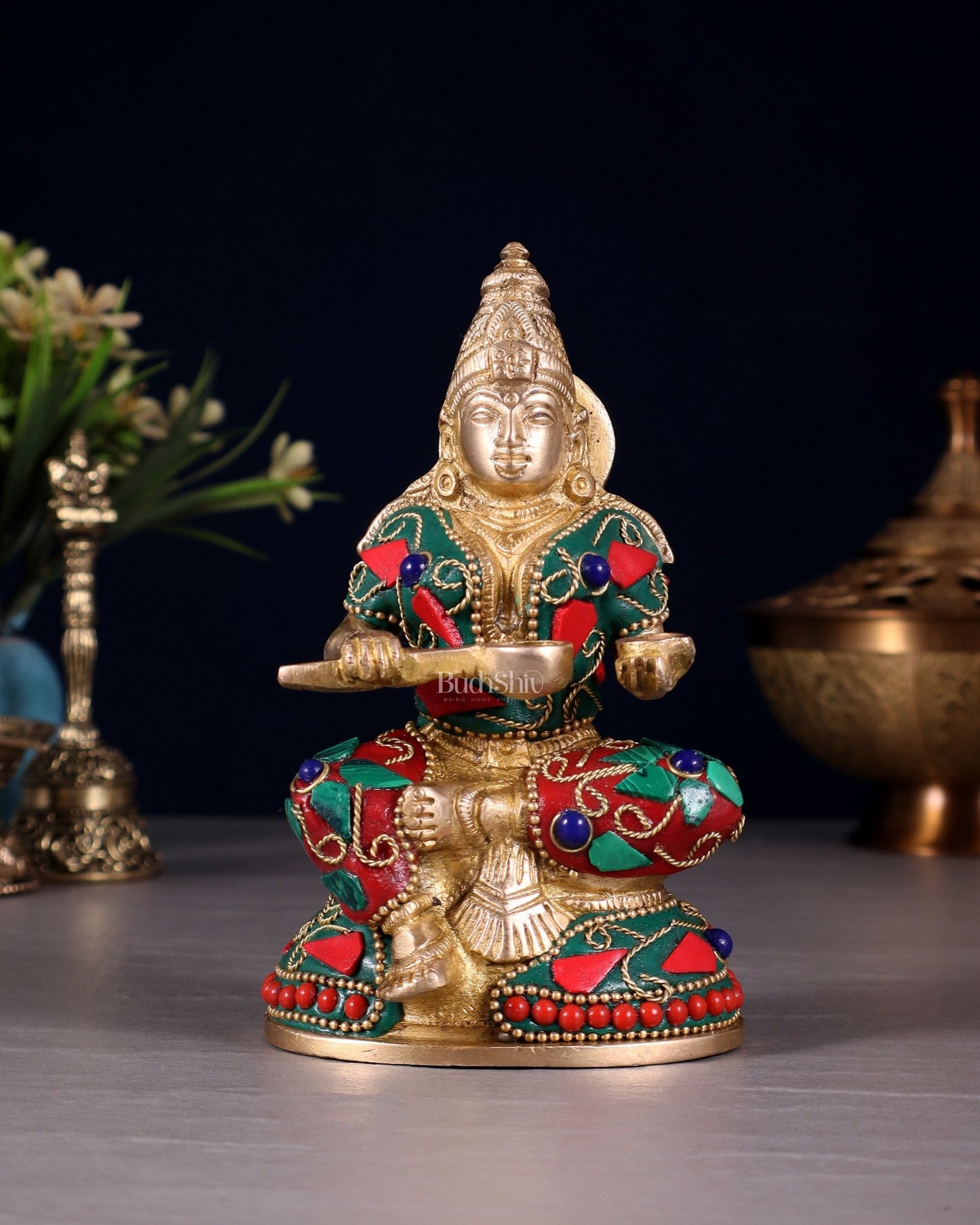 Pure Brass Goddess Annapurna Devi Idol – Stonework 5" - Budhshiv.com