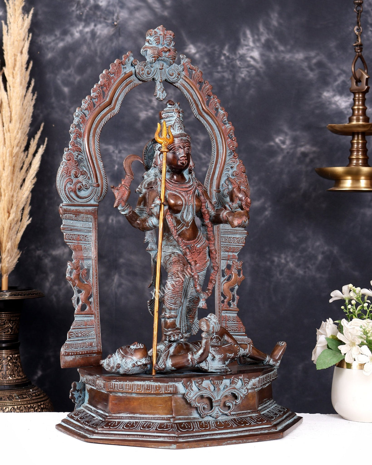 Pure Brass Goddess bhadra Kali Statue - 22 inch vintage sand patina - Budhshiv.com