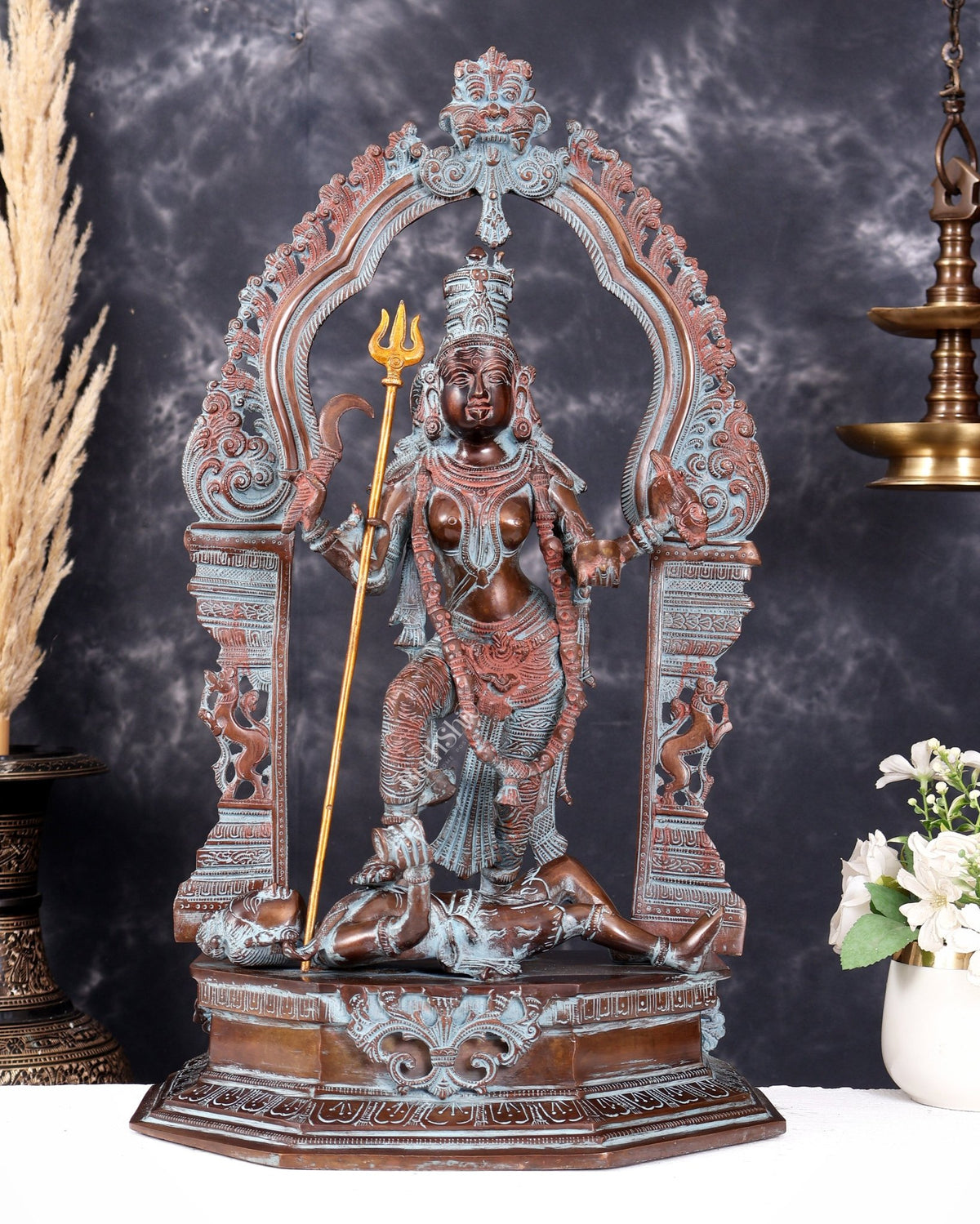 Pure Brass Goddess bhadra Kali Statue - 22 inch vintage sand patina - Budhshiv.com