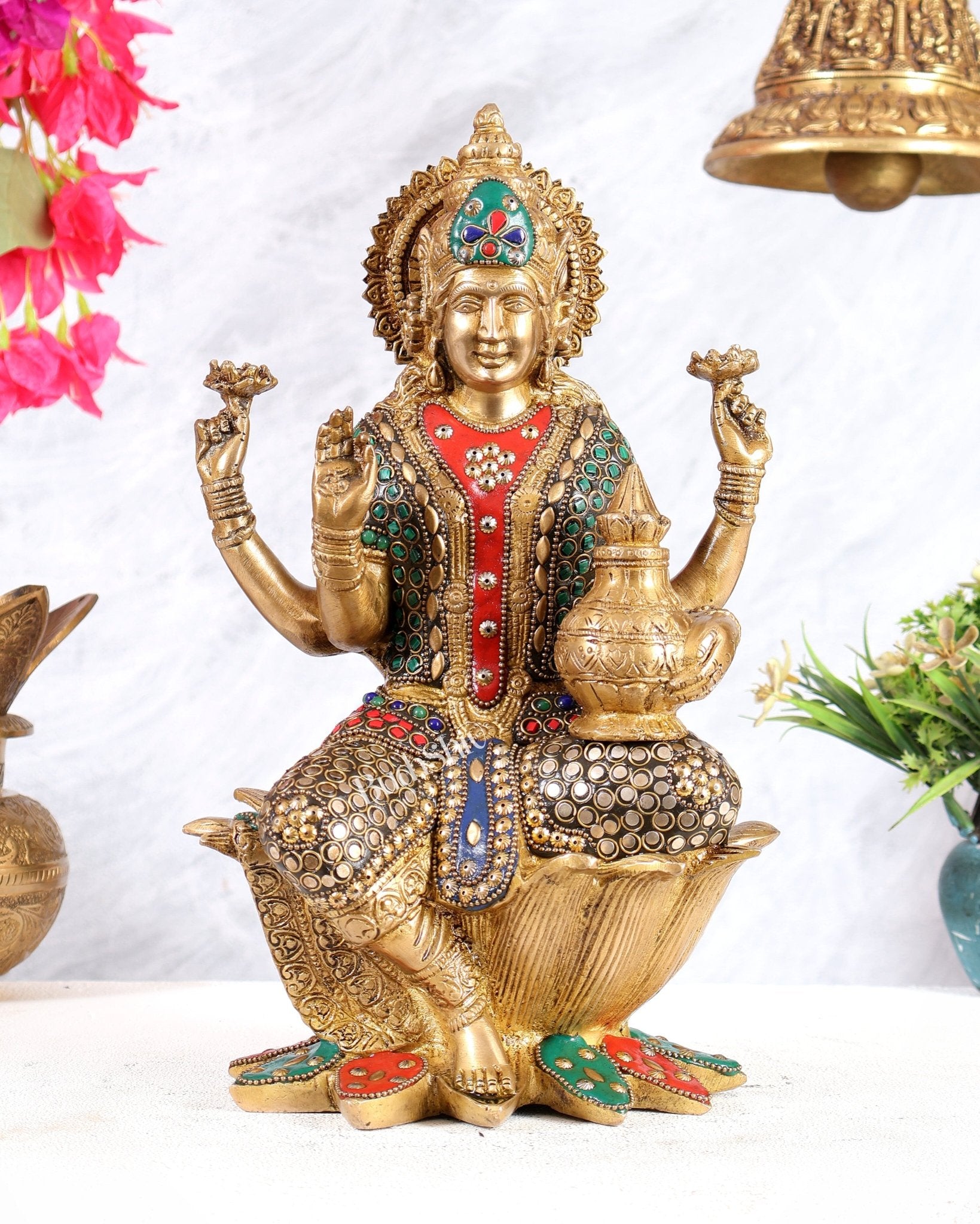 Pure Brass Goddess Dhan Lakshmi Idol - 12" stonework - Budhshiv.com