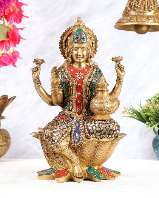 Pure Brass Goddess Dhan Lakshmi Idol - 12" stonework - Budhshiv.com