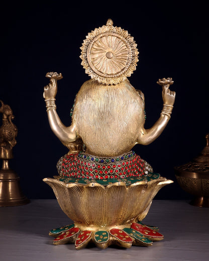 Pure Brass Goddess Dhan Lakshmi Idol - 12" stonework - Budhshiv.com