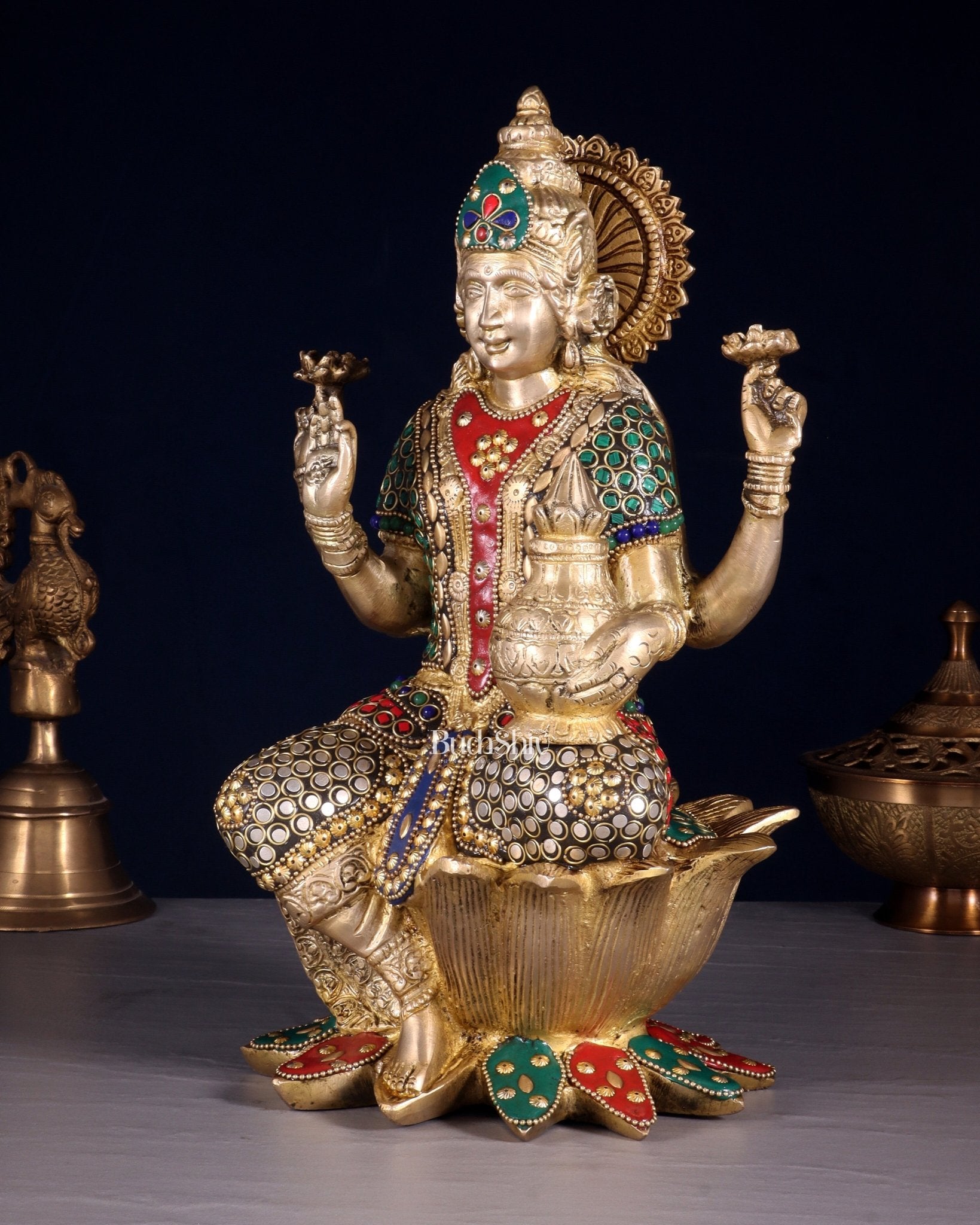 Pure Brass Goddess Dhan Lakshmi Idol - 12" stonework - Budhshiv.com