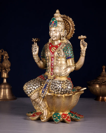 Pure Brass Goddess Dhan Lakshmi Idol - 12" stonework - Budhshiv.com