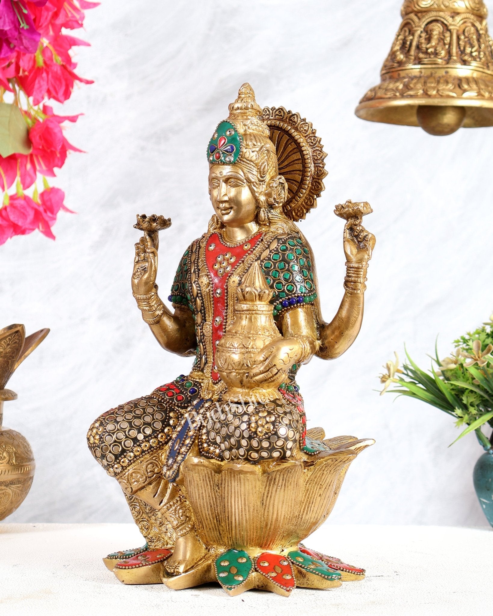 Pure Brass Goddess Dhan Lakshmi Idol - 12" stonework - Budhshiv.com