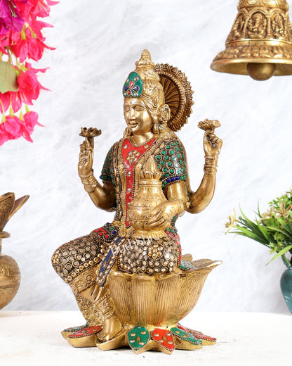 Pure Brass Goddess Dhan Lakshmi Idol - 12" stonework - Budhshiv.com