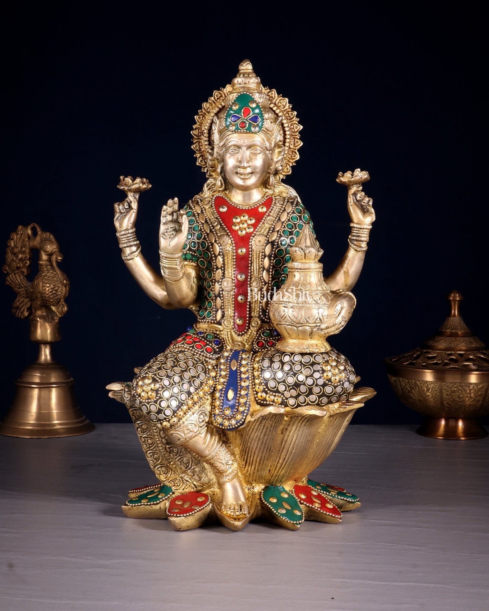 Pure Brass Goddess Dhan Lakshmi Idol - 12" stonework - Budhshiv.com