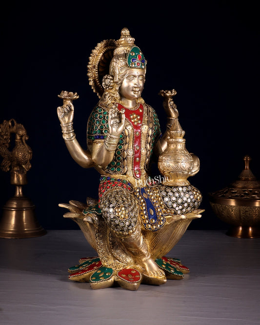 Pure Brass Goddess Dhan Lakshmi Idol - 12" stonework - Budhshiv.com