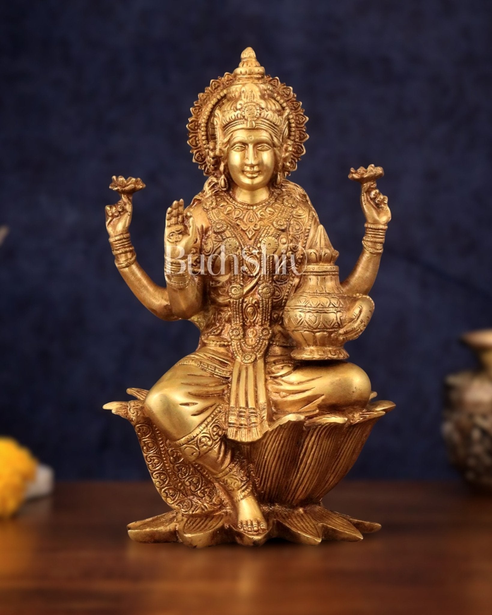 Pure Brass Goddess Dhan Lakshmi Idol - 12" - Budhshiv.com