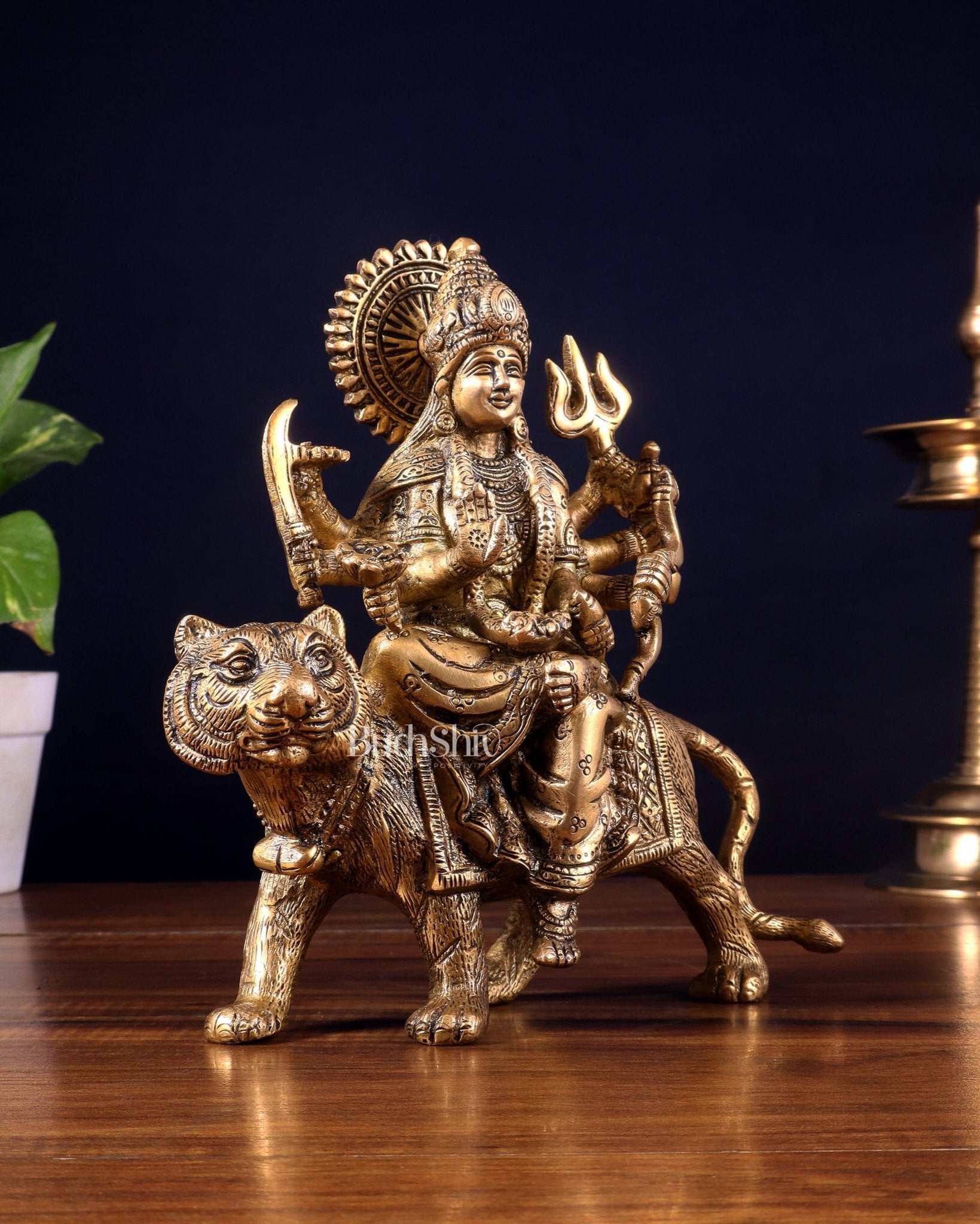 Pure Brass Goddess Durga on tiger Idol - 9" | - Budhshiv.com