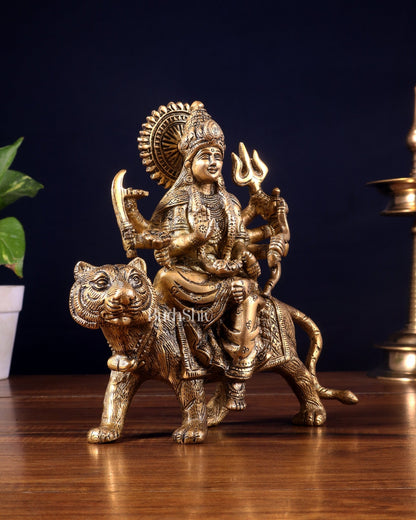 Pure Brass Goddess Durga on tiger Idol - 9" | - Budhshiv.com