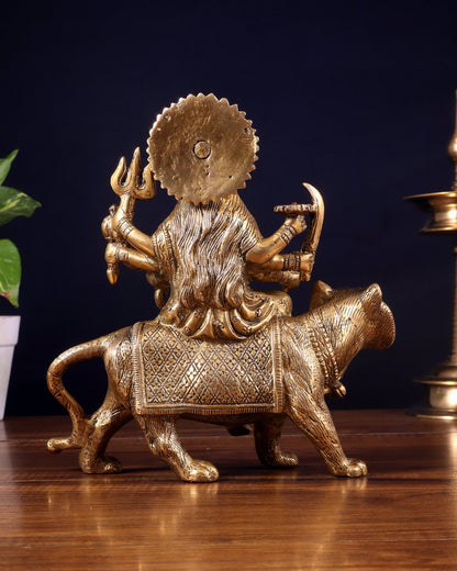 Pure Brass Goddess Durga on tiger Idol - 9" | - Budhshiv.com